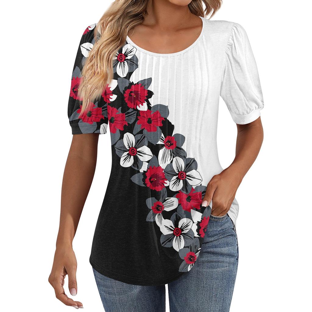 Женские пышные туники с короткими рукавами, топы, плиссированные блузки с воротником, повседневные свободные весенне-летние футболки