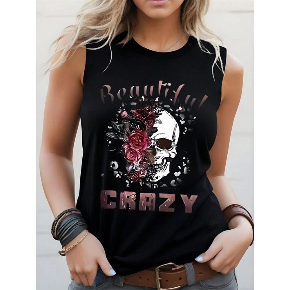 Guitar And Alphabet Print Ladies Tank Top Outdoor Street Country Concert Ladies Fashion Tank Top Everyday Casual Sleeveless Top