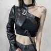 Стильная асимметричная металлическая пряжка, вырез-халтер, однотонная куртка из ПУ-кожи, один рукав, новая модель 2025 года, весна-осень, европейский и американский стиль, Amazon