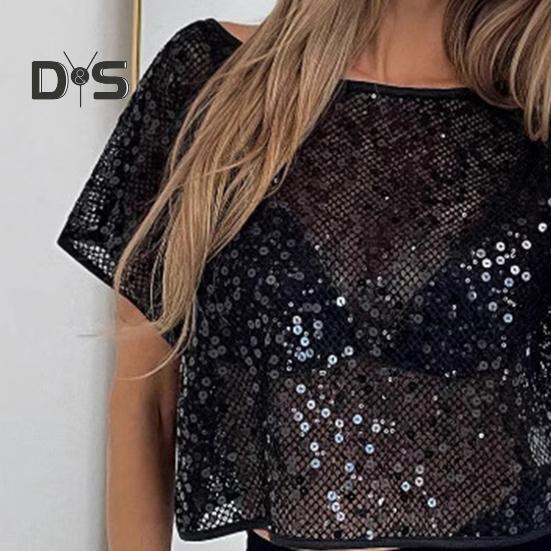 Женская футболка с круглым вырезом и коротким рукавом, блестящие пайетки, свободный крой, повседневные дышащие топы