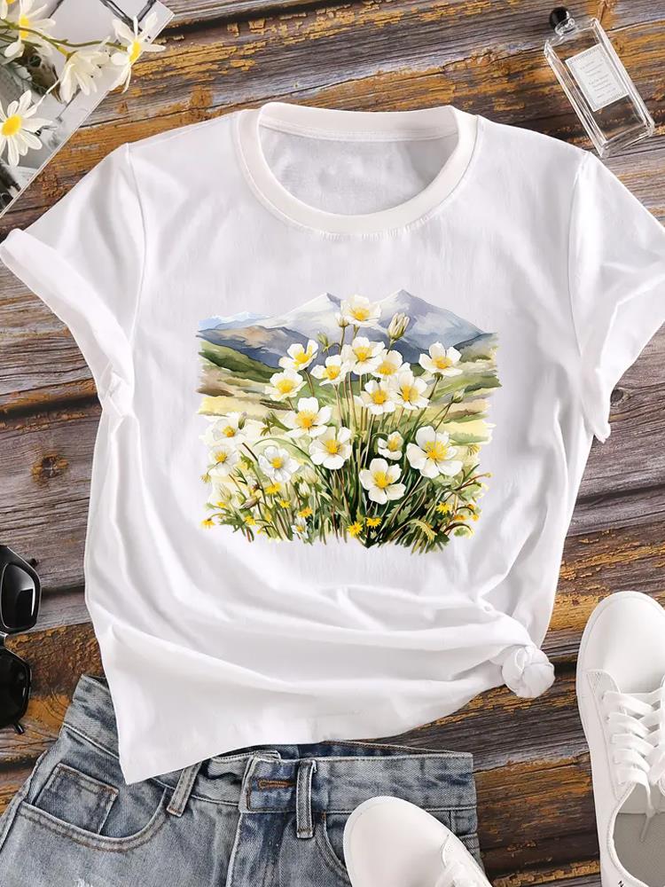 (Asian Size) Lovely Flower Trend Cute Short Sleeve T Shirt Casual Tee Top Fashion Women Clothing Printed O-neck Ladies Female Graphic T-shirts