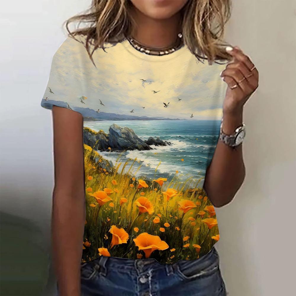 Women's T-Shirt Summer Short Sleeve Casual the Beautiful Flowers Print Top Funny Pattern Pullover T Shirts for Girls Sweater