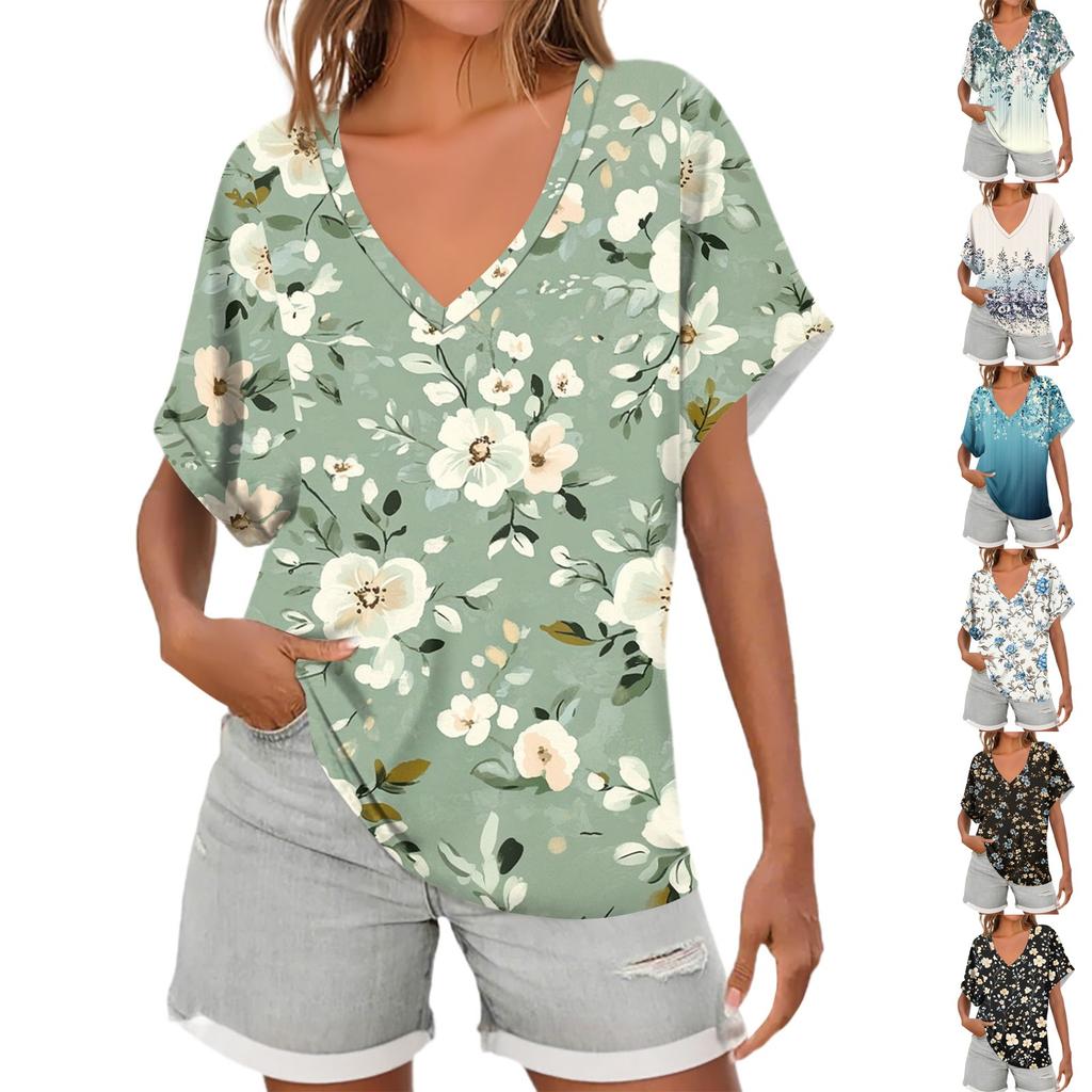 Womens Short Sleeve V-Neck Shirts Floral Print Loose Casual Basic Tees Summer Tops