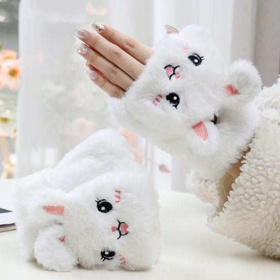 1 Pair Women Plush Rabbit Fingerless Gloves Warm Thick Winter Convertible Flip Top Cartoon Bunny Gloves Outdoor Cold Weather Half Finger Mittens