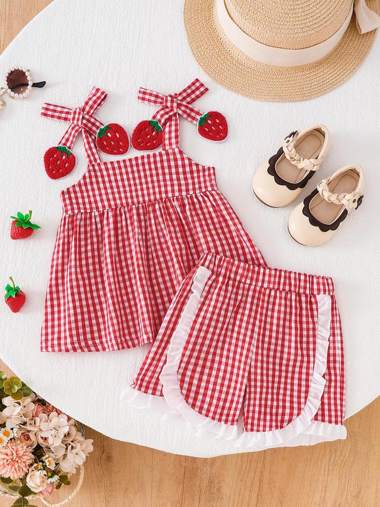 Red Plaid Strawberry Suspender Vest & Ruffle Shorts Set for Baby & Toddler Girls