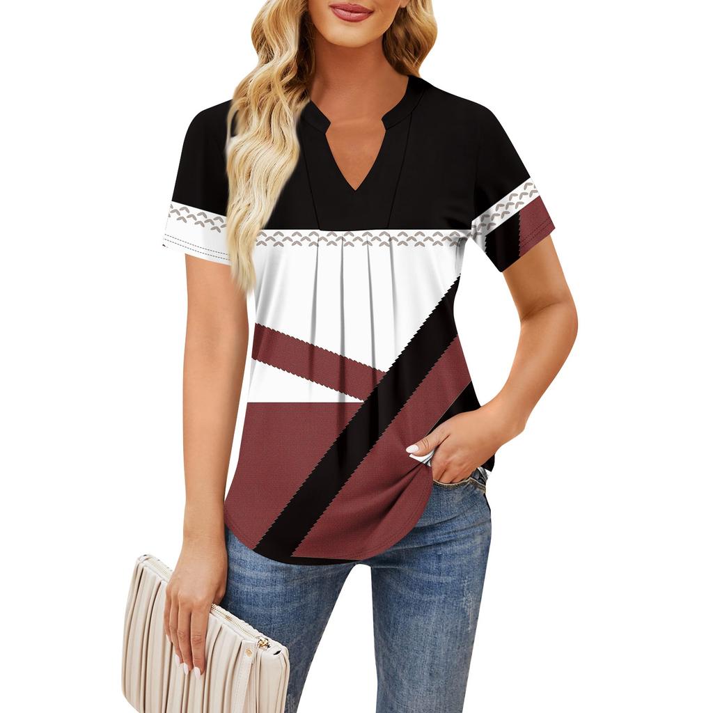 Women's Short Sleeve Casual V-neck Chest Pleated Printed Loose T-shirt Top