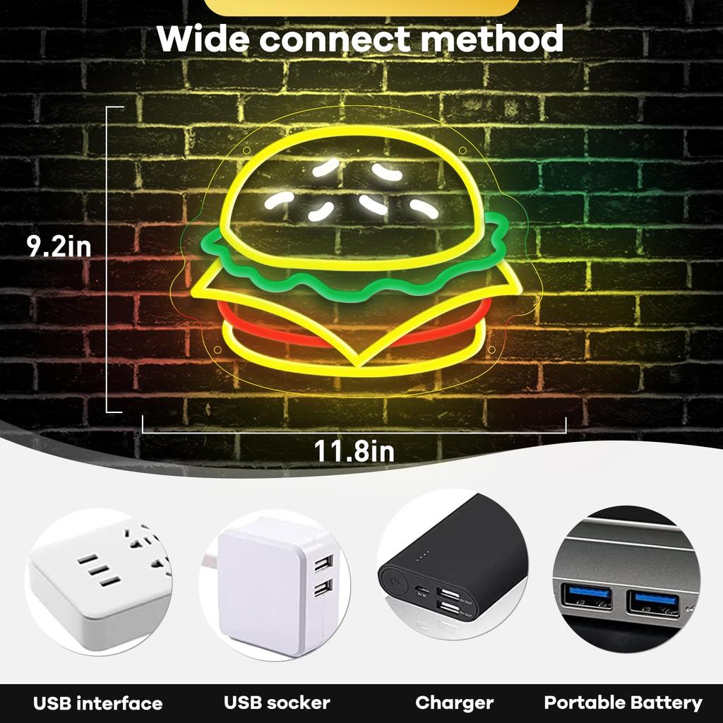 Неоновая вывеска для гамбургера Неоновая вывеска для гамбургера Неоновая вывеска для бургера Светодиодная неоновая вывеска с регулируемой яркостью Ресторанный декоративный светильник Подарок для любителя бургеров