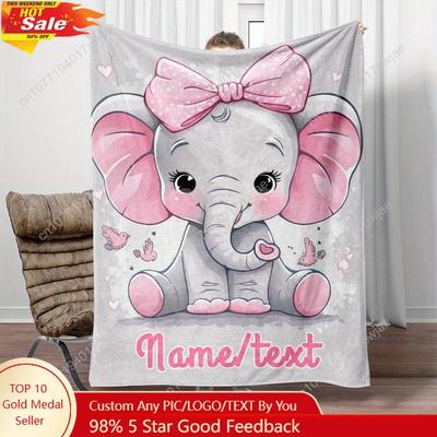 Adorable Youngsters Elephant Personalized Name Portable Blanket - Light Weight Flannel Throw for Sofa Bed Custom Blankets