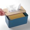 Desktop Tissue Box Rectangular Plastic Tissue Organizer Box Cover with Wooden Lid for Home Blue