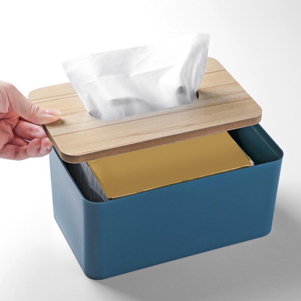 Desktop Tissue Box Rectangular Plastic Tissue Organizer Box Cover with Wooden Lid for Home Blue