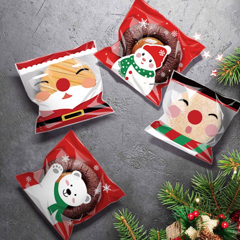 100Pcs Christmas Candy Cookie Bags Self-Adhesive Gift Packaging Biscuit Snack Baking Bag Navidad New Year Xmas Party Supplies