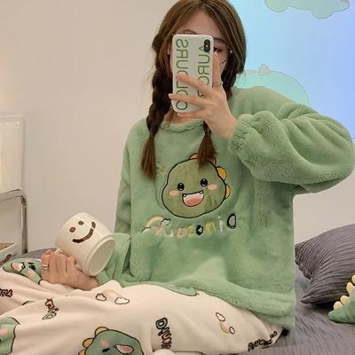 Зимняя новая фланелевая пижама, утепленная, с круглым вырезом и длинным рукавом, женский комплект из 2 предметов, милый домашний костюм с принтом динозавра для женщин