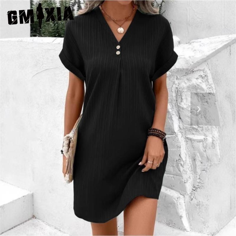 GMXIA Women's Fashion Summer Spring Solid Color Print Short Sleeve V-Neck High Waist Casual Dresses