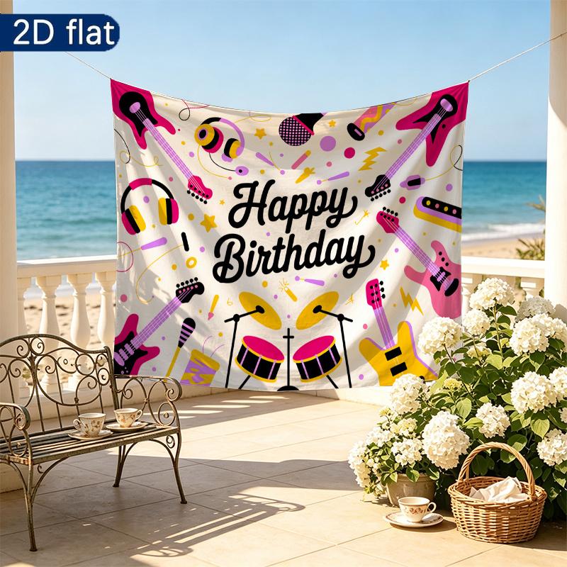 Birthday Gifts Musical Instruments Celebration Banner, Polyester Backdrop for Home Decor & Party Supplies