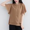 Литературный летний свободный воротник-стойка однотонная рубашка с коротким рукавом женская мода летящий рукав блузка топ