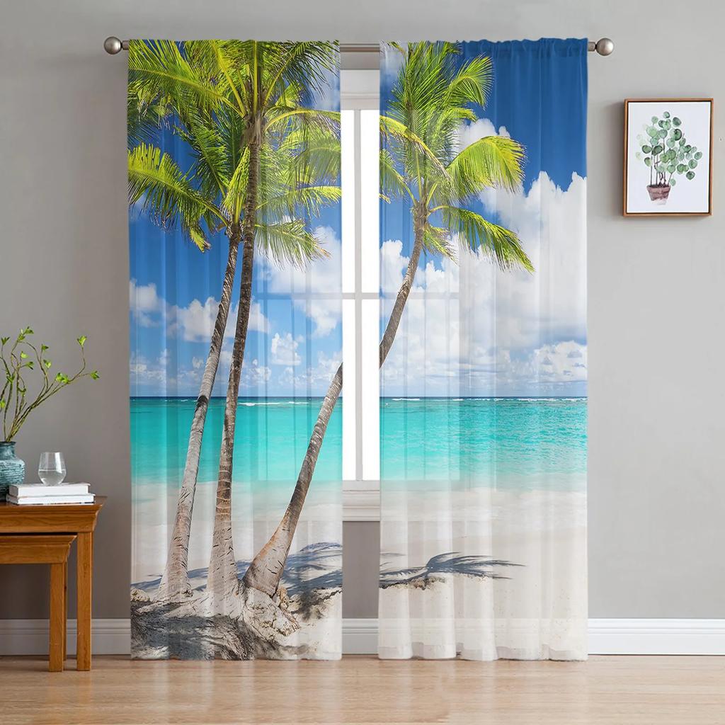 Summer Beach Palm Trees Sheer Curtains for Bedroom Living Room Decoration Window Curtain for Kitchen Tulle Voile Organza Drapes