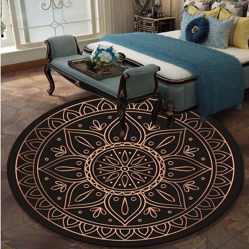Круглый ковер в стиле ретро с черными и золотыми цветами, стул лотоса, напольный коврик, мягкие ковры для гостиной, противоскользящий ковер, ковер для декора спальни