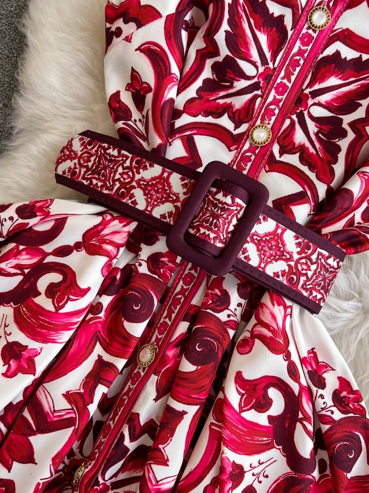 Summer Women Lapel Single Breasted Brand Designer Vintage Print Sleeveless Tank Runway Party Dresses with Belt