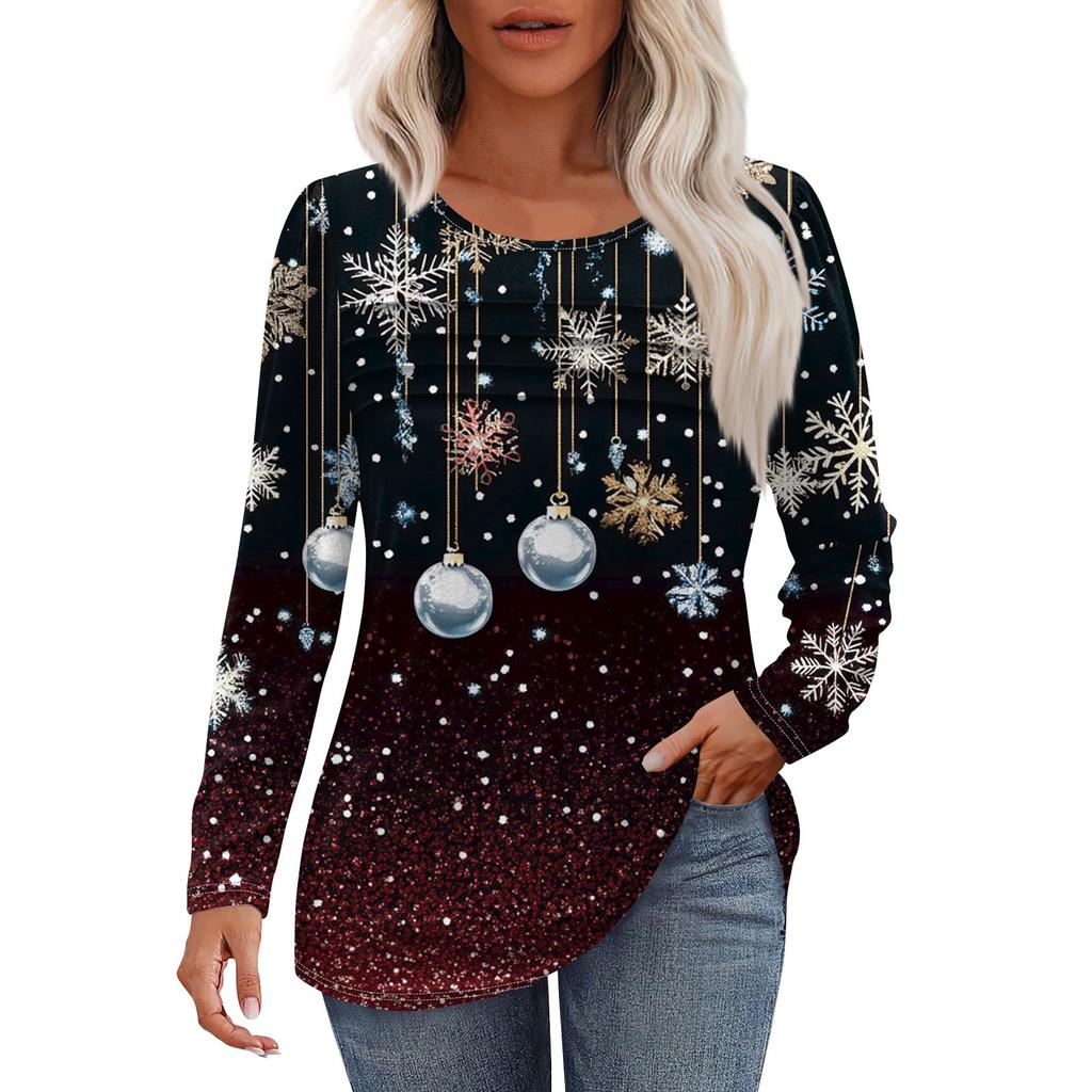 Женская модная повседневная рождественская футболка с круглым вырезом и длинными рукавами