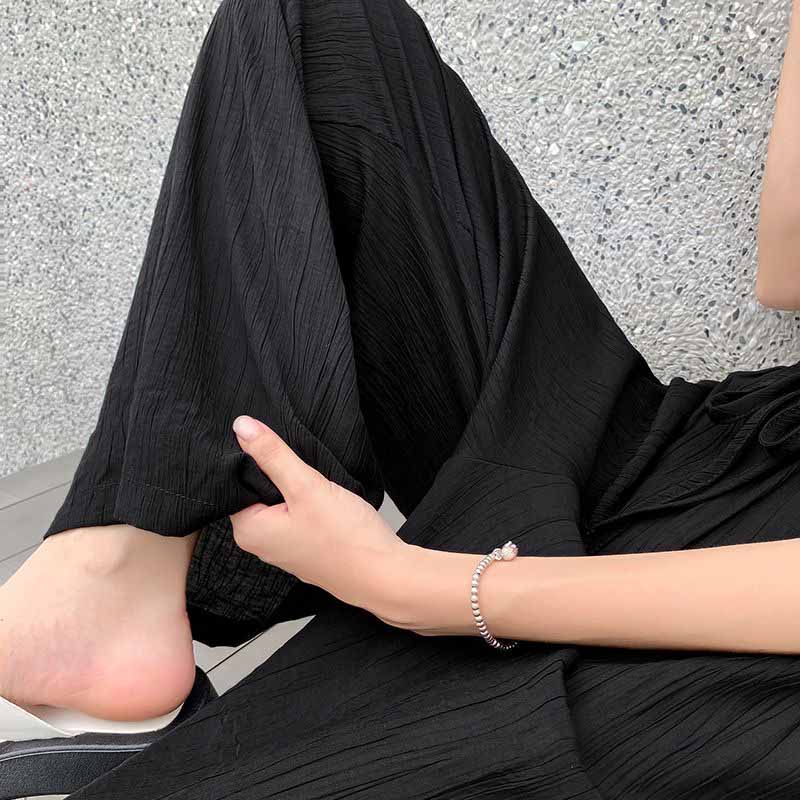 Pleated Ice Silk Wide Leg Pants for Women's Summer High Waisted Draped Cool Pants Straight Tube Loose Casual Pants