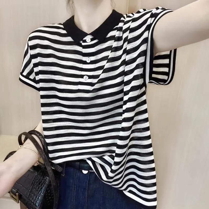 Women's Black White Stripe Contrast Collar Short Sleeve Polo T-Shirt