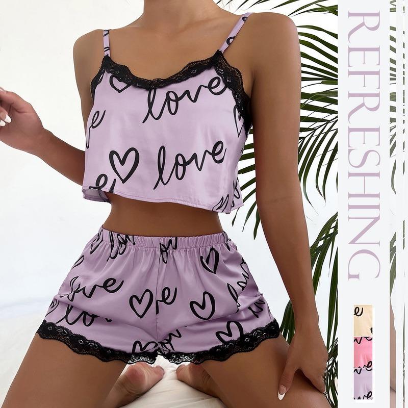 Sexy Floral Pajama Set Women's 2 Pieces Sleepwear Pyjamas Silk Satin Cami Top and Shorts Pajamas Summer Pajamas Set for Women