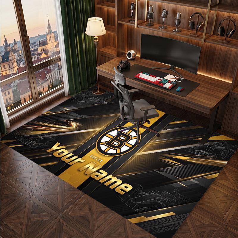Boston Bruins Personalized Crystal Velvet Carpet, Customized Name Text Soft Anti‑Slip Rug for Living Room Bedroom