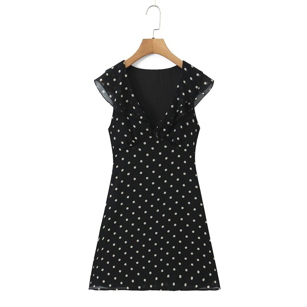 2026 Шикарное мини-платье из шифона в горошек с оборками и V-образным вырезом