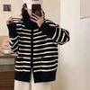 Stand-up collar design striped contrasting zipper long-sleeved knitted cardigan women's autumn and winter loose lazy wind sweater jacket tide