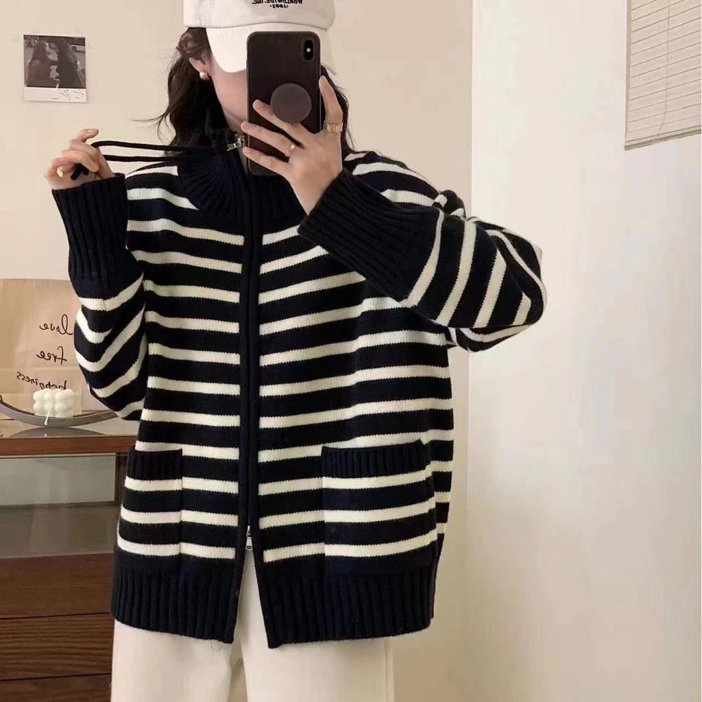Stand-up collar design striped contrasting zipper long-sleeved knitted cardigan women's autumn and winter loose lazy wind sweater jacket tide
