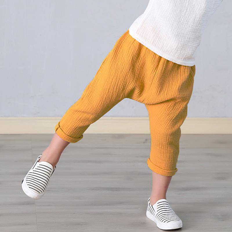 YUBAOBEI Summer Boys Pants Solid Linen Pleated Harem Pants Baby Girls Elastic Waist Nine Points Pants Kids Clothes 0-7Y Children Clothing