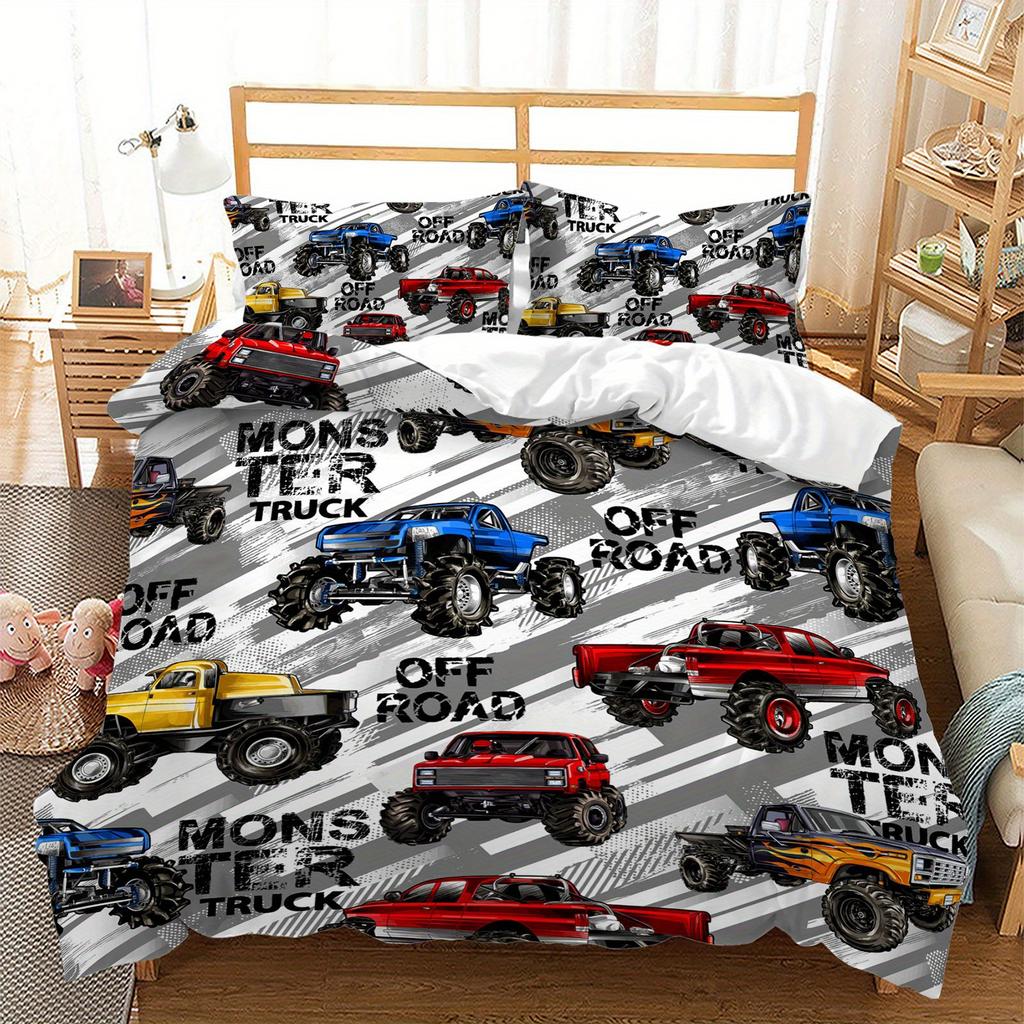 3pcs Monster Truck Bedding Duvet Cover Set Monster Truck Bedding Quilt Set Monster Truck Themed Bed Set Off Road Monster Truck