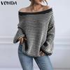 Women Autumn Off Shoulder Long Sleeve Striped Pullover Sweaters Jumpers