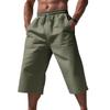 Breathable Lightweight Men Linen Cropped Capri Pants, Elastic Waist Drawstring Wide Leg 7/8 Shorts, Multi Color Casual Beach Pocket Trousers