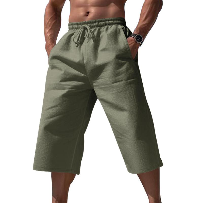 Breathable Lightweight Men Linen Cropped Capri Pants, Elastic Waist Drawstring Wide Leg 7/8 Shorts, Multi Color Casual Beach Pocket Trousers