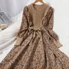 Spring Autumn Vintage Floral Printing Knitting Patchwork Lace Up Dress Women Long Sleeve Elegant Robe Vestidos