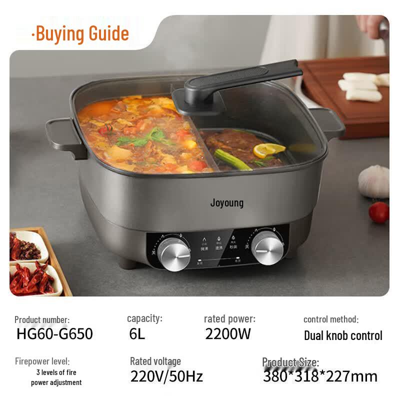 Joyoung 6L Dual-Compartment Electric Hot Pot CN plug (adapter included)