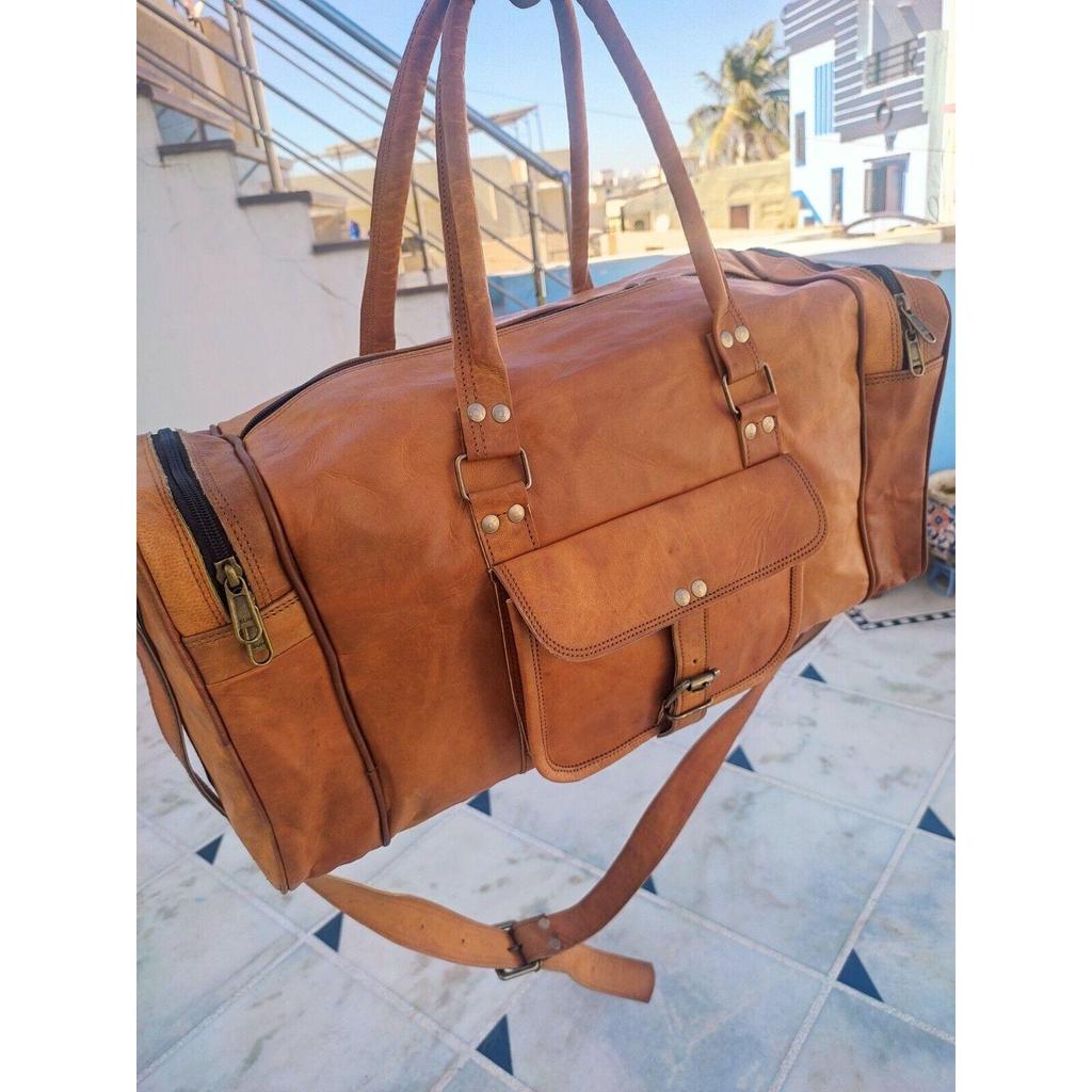 Handmade Vintage Genuine Goat Leather Brown Travel Overnight Duffle Weekend Bag