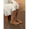 Inside, High-rise Khaki Suede Mid-length Boots Women's Boots Fall 2025 Single Boots Vintage Knight Boots