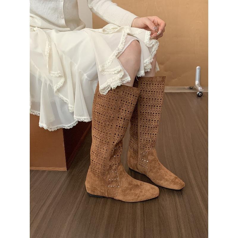 Inner Height Increasing Khaki Suede Skinny Medium Boots Women'S Boots Autumn Single Boots Retro Knight Boots