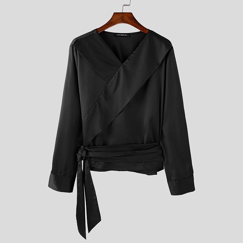 INCERUN Мужские рубашки с длинным рукавом и V-образным вырезом спереди, перекрестные слои, топы