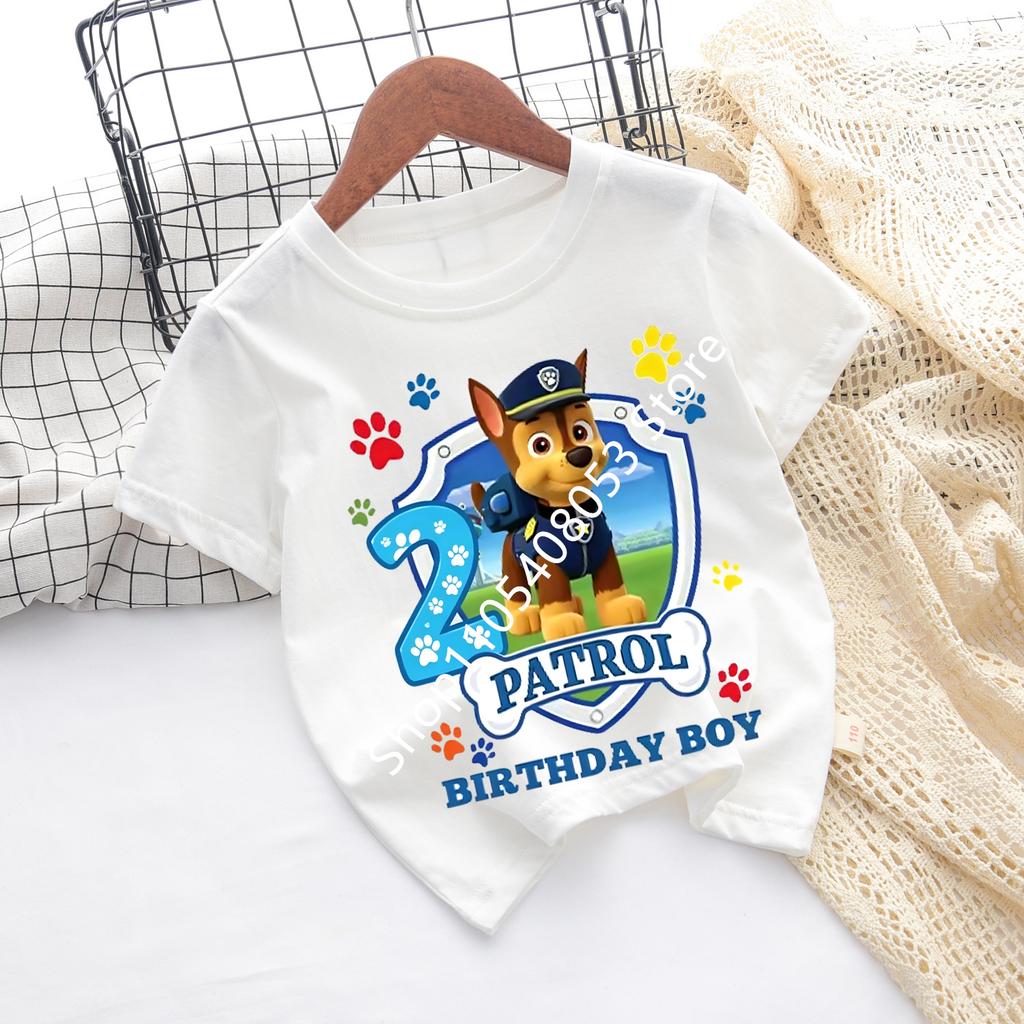 Paw Patrol White Tshirts for Boys Anime Cartoon Cute Birthday Clothing Children Summer Fashion Short Sleeved Shirt Kids Clothes