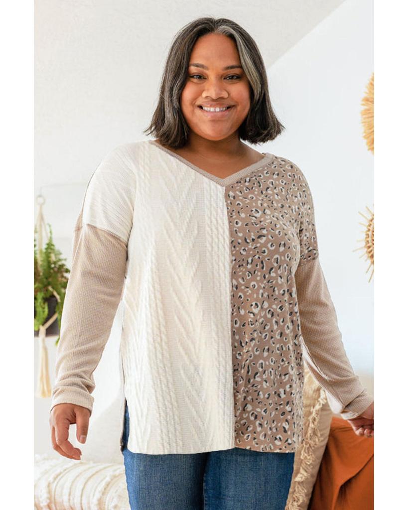 Azura Exchange Leopard Patchwork Mix Knit Long Sleeve Top