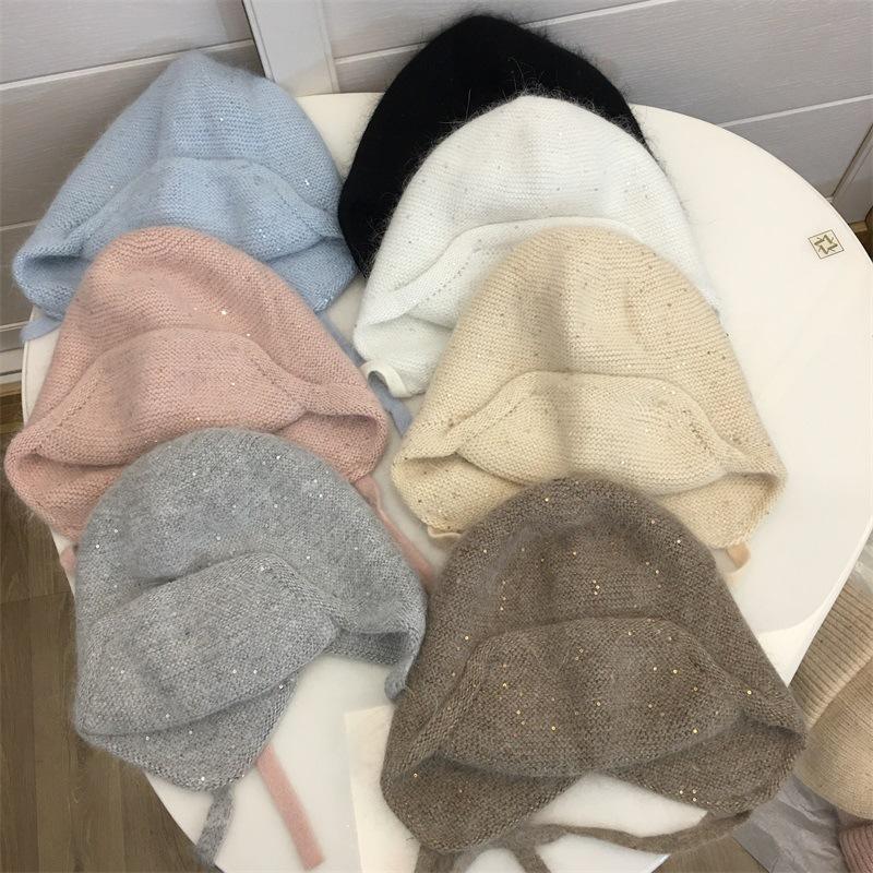 Огромная милая зимняя утолщенная вязаная шапка-ушанка из кроличьего меха для девочек, студенческая, ветрозащитная, теплая, с защитой ушей, шерстяная