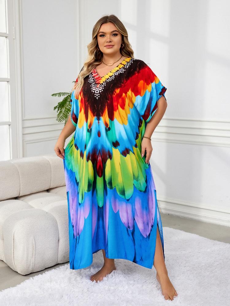EDOLYNSA Лестный женский кафтан в богемном стиле, красочный халат, непринужденное платье больших размеров, платье Moo Moo, свежее платье, длинное платье для отпуска, наряд Q1594