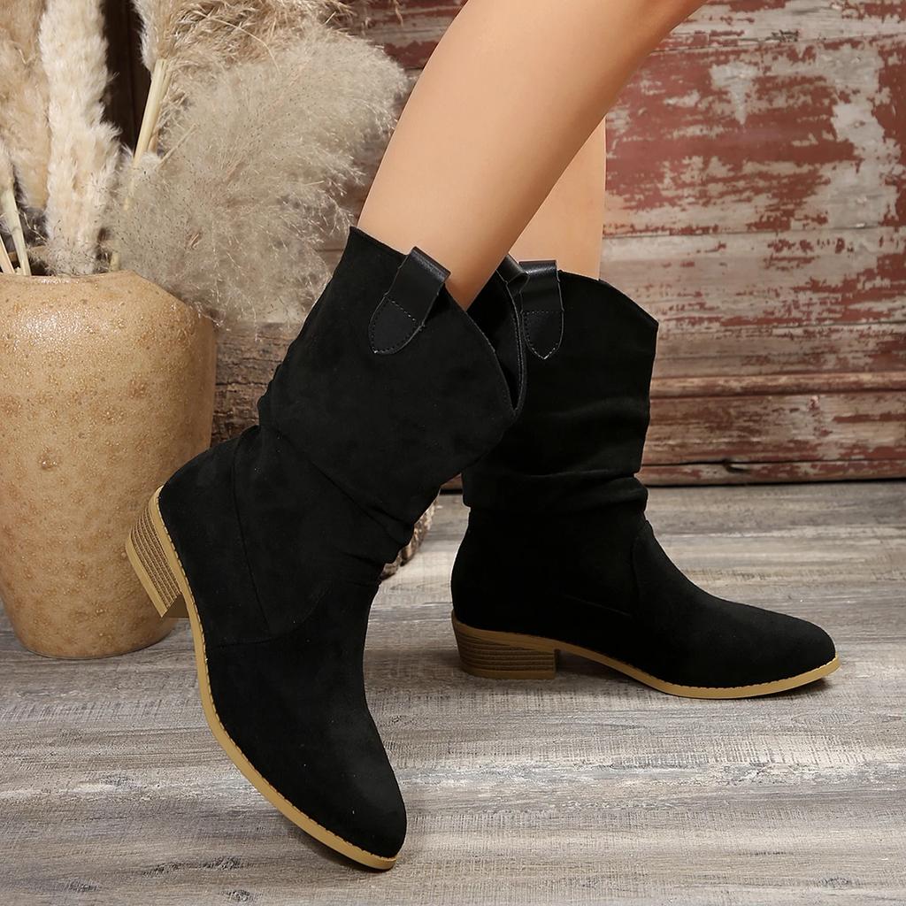 Female Shoes On Sale 2024 New Slip On Women's Boots Spring Autumn Pointed Toe Solid High Tube Chunky Heels Plus Size Boots