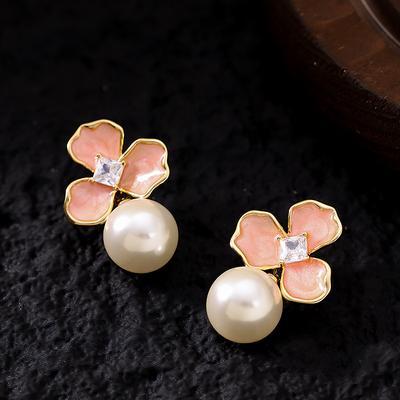 Mori Super Fairy Sweet Temperament Small Fresh Drip Oil Inlaid Zircon Flower Pearl Earrings Personalized Versatile Commuter Earrings