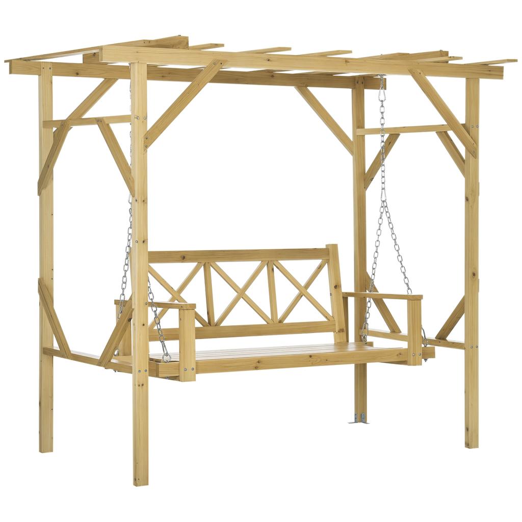 Swing Bench with Pergola, for 2 People, Height-adjustable, Solid Wood Frame, 2.21 x 1.40 x 1.96 m