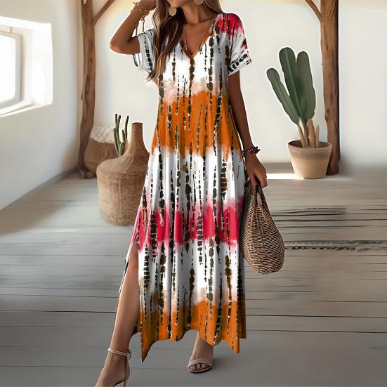 Women Summer Dress V-Neck Short Sleeve Side Slit Design Maxi Dress Tie Dye Print