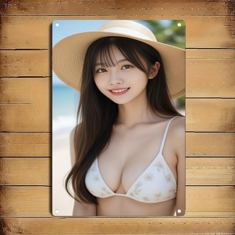 Винтажное цветочное бикини пляжная женщина металлическая табличка - 2D плоское железо настенное искусство для кафе бара домашнего декора